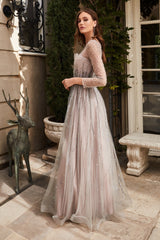 Pleated 3/4 Sleeve Tulle Gown By Cinderella Divine -B701