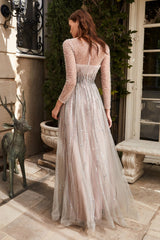 Pleated 3/4 Sleeve Tulle Gown By Cinderella Divine -B701