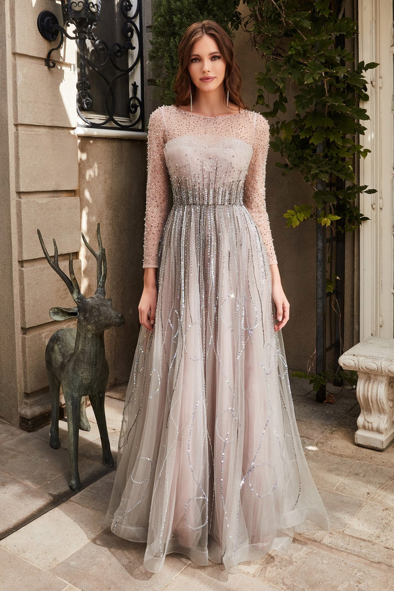 Pleated 3/4 Sleeve Tulle Gown By Cinderella Divine -B701