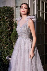 Feather Layered Tulle Gown By Cinderella Divine -B704