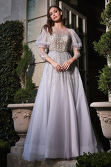 Beaded 3/4 Sleeve Tulle Gown By Cinderella Divine -B707