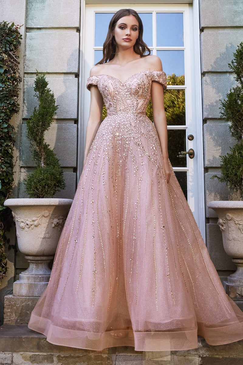 Beaded Off Shoulder Ball Gown By Cinderella Divine -B715