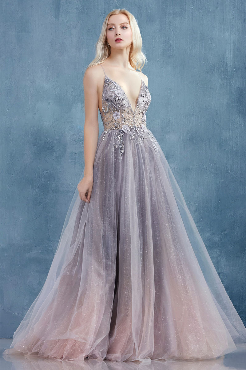 MyFashion.com - DREAMER 3D FLORAL AND BEADED V-NECK OMBRE TULLE A-LINE GOWN. BACK ZIPPER CLOSURE, SOME STRETCH.(A0850) - Andrea&Leo promdress eveningdress fashion partydress weddingdress 
 gown homecoming promgown weddinggown 