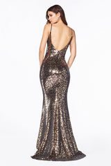 Fitted Sequin Gown With Leopard Print And Cowl Neckline By Cinderella Divine -C19