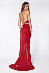 MyFashion.com - Fitted deep plunging neckline gown with beaded belt and leg slit.(Fitted deep plunging neckline gown with beaded belt and leg slit.) - Cinderella Divine promdress eveningdress fashion partydress weddingdress 
 gown homecoming promgown weddinggown 