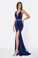 MyFashion.com - Fitted deep plunging neckline gown with beaded belt and leg slit.(Fitted deep plunging neckline gown with beaded belt and leg slit.) - Cinderella Divine promdress eveningdress fashion partydress weddingdress 
 gown homecoming promgown weddinggown 