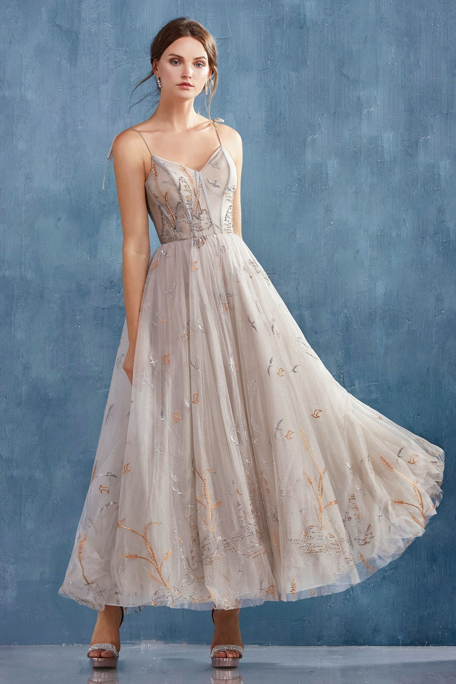 MyFashion.com - LAKE BIRDS EMBROIDERED TEA LENGTH DRESS. BACK ZIPPER CLOSURE.(A0987) - Andrea&Leo promdress eveningdress fashion partydress weddingdress 
 gown homecoming promgown weddinggown 
