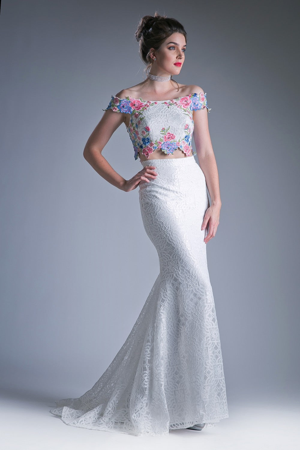 Two Piece Off The Shoulder Fitted Dress With Embroidered Floral Appliques And Lace Detailed Skirt by Cinderella Divine -CA314