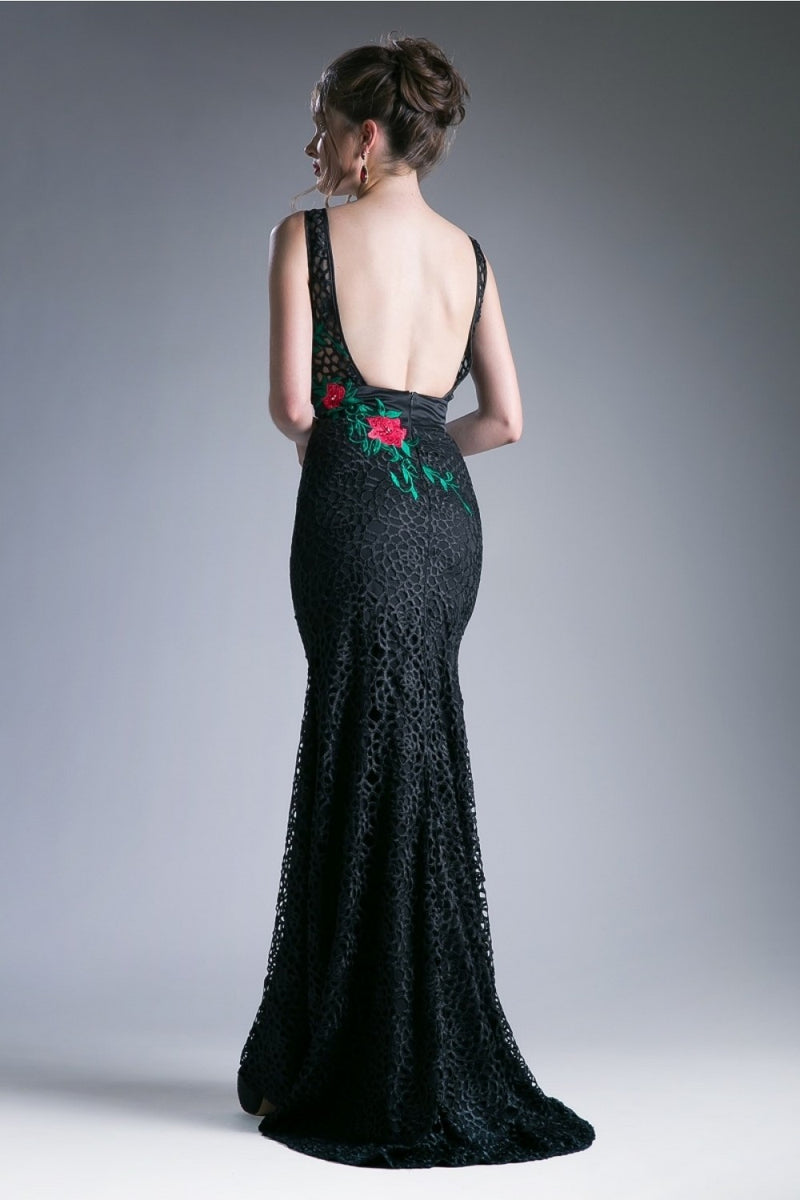 Fitted Gown With Rose Applique And Open Back by Cinderella Divine -CA315