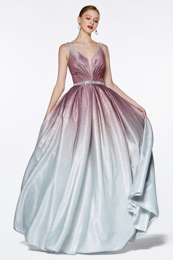 MyFashion.com - Ombre glitter ball gown with deep plunge neckline and beaded belt.(CB0041) - Cinderella Divine promdress eveningdress fashion partydress weddingdress 
 gown homecoming promgown weddinggown 