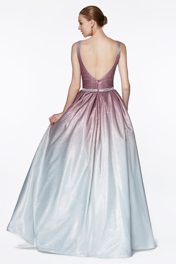 MyFashion.com - Ombre glitter ball gown with deep plunge neckline and beaded belt.(CB0041) - Cinderella Divine promdress eveningdress fashion partydress weddingdress 
 gown homecoming promgown weddinggown 