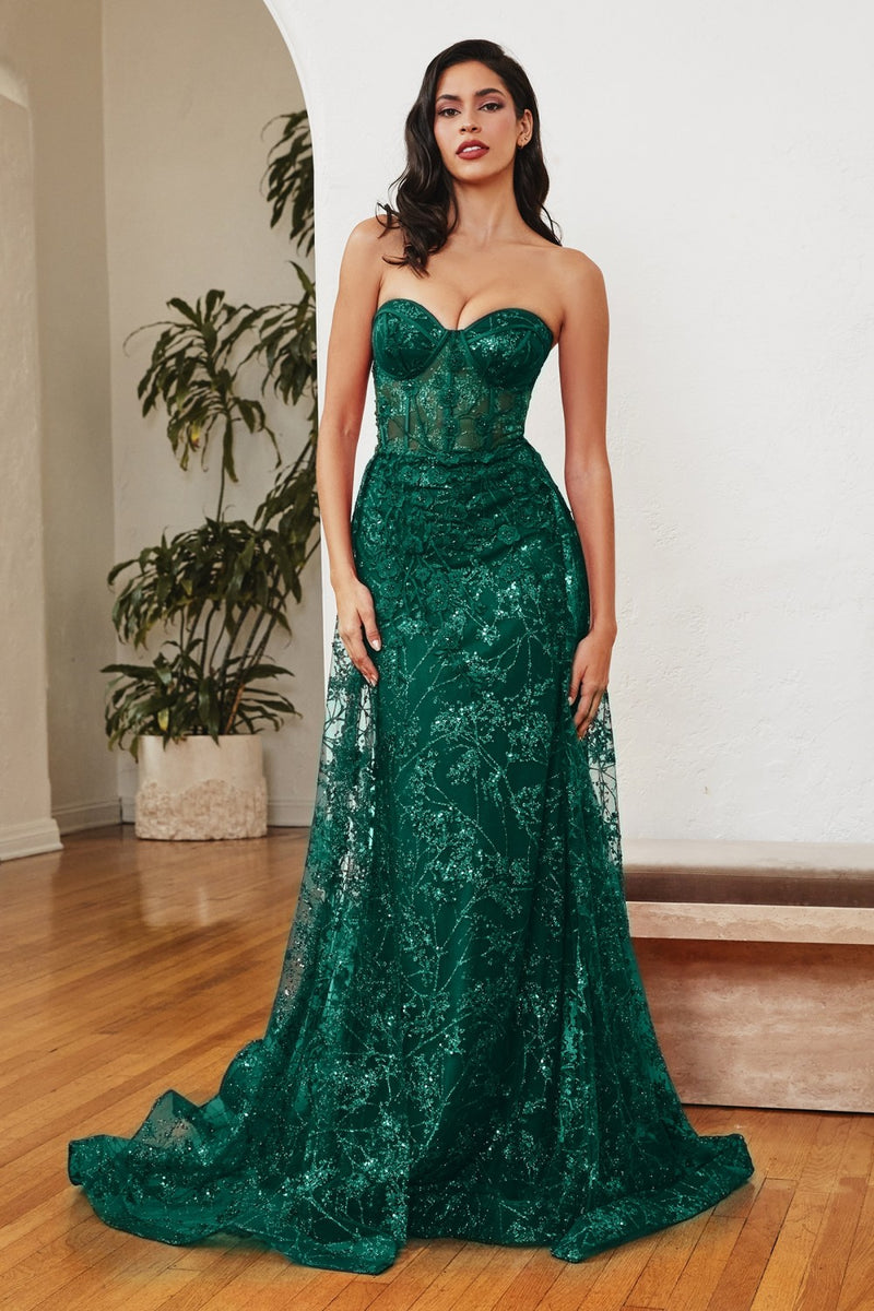 Strapless Fitted Gown With Floral Applique And Glitter Tulle Overskirt by Cinderella Divine -CB046