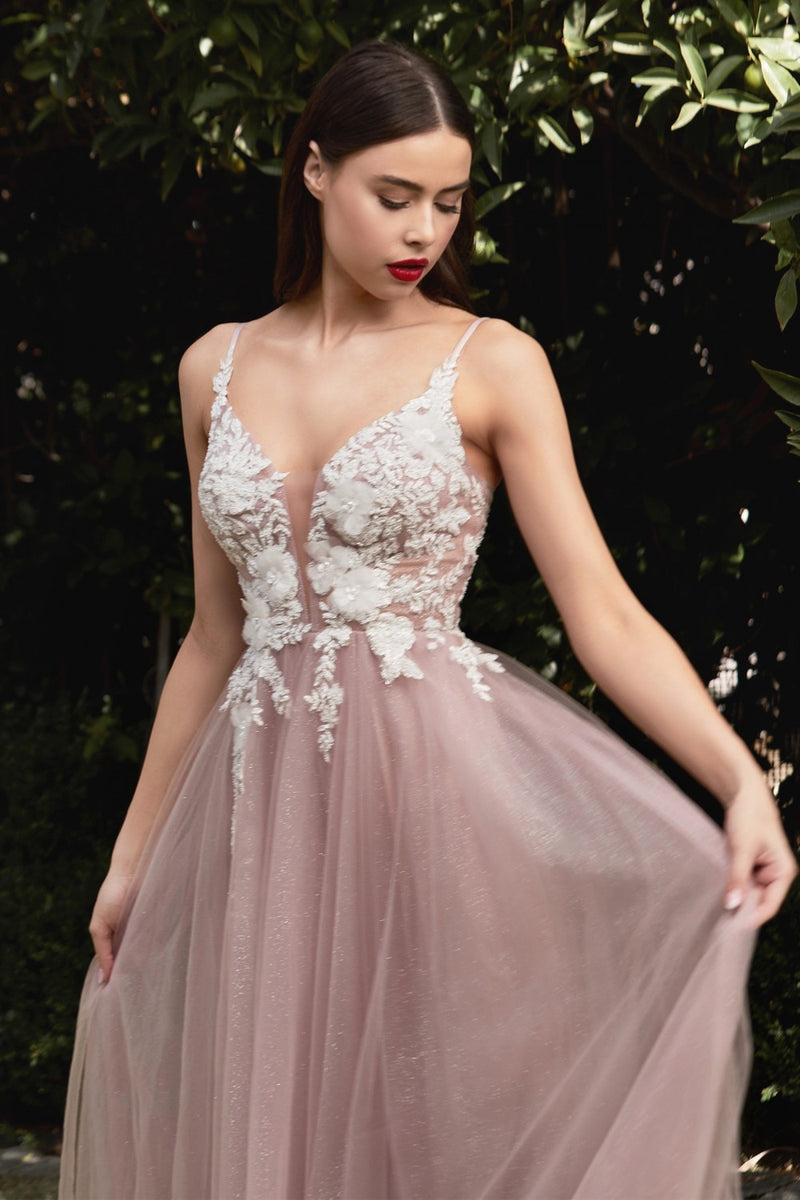 Floral Applique Tulle Gown By Cinderella Divine -CB075