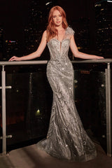 Fitted Feather Glitter Gown By Cinderella Divine -CB087