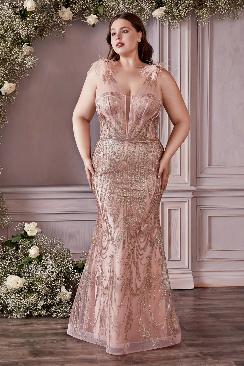 Curve Feather Glitter Gown By Cinderella Divine -CB087C