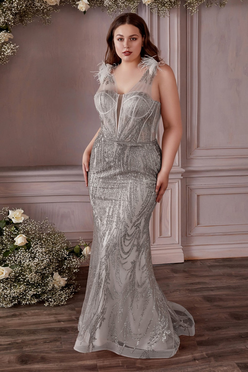 Curve Feather Glitter Gown By Cinderella Divine -CB087C