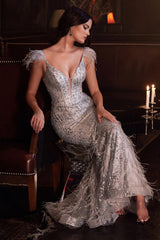 Feather Glitter Mermaid Gown By Cinderella Divine -CB088