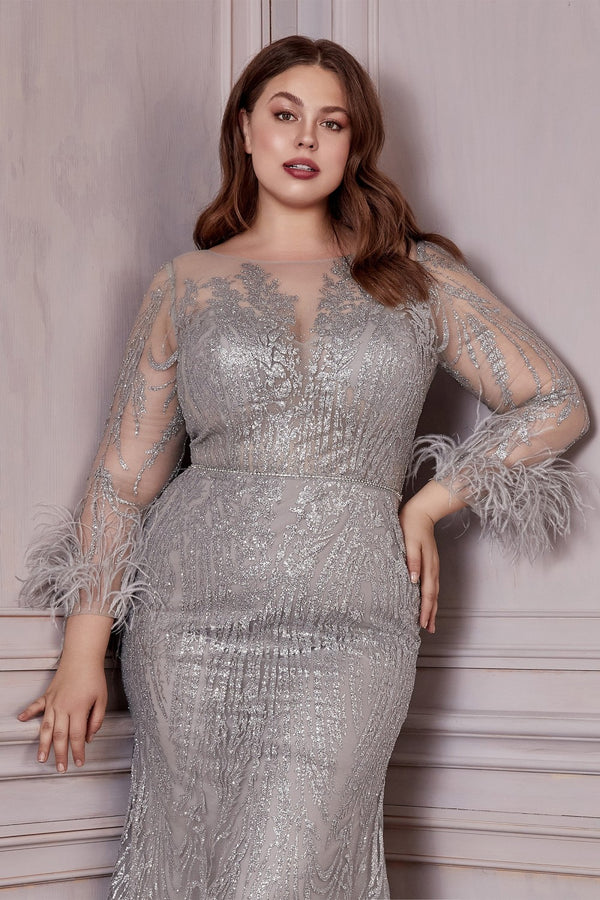 Curve Long Sleeve Glitter Gown By Cinderella Divine -CB090C