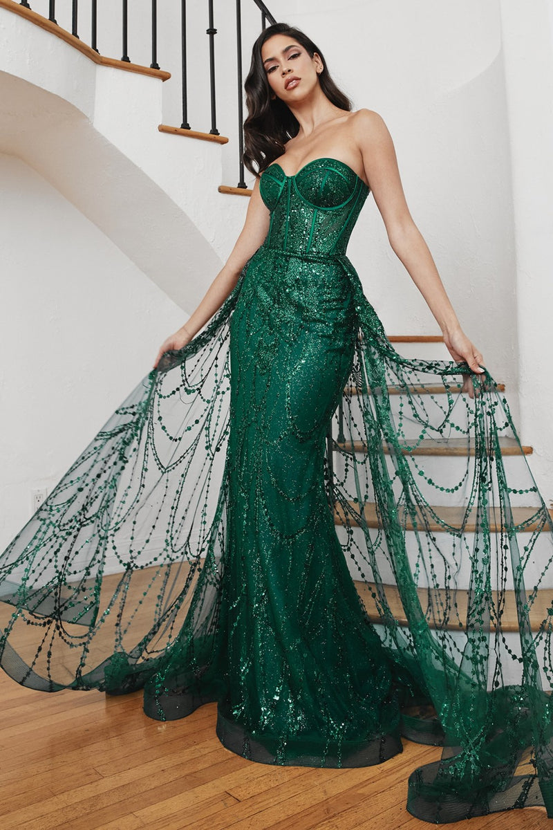 Strapless Lace Fitted Gown With Over Skirt By Cinderella Divine -CB095