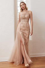 One Shoulder Embellished Gown With Tulle Overskirt By Cinderella Divine -CB098
