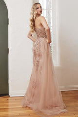 One Shoulder Embellished Gown With Tulle Overskirt By Cinderella Divine -CB098