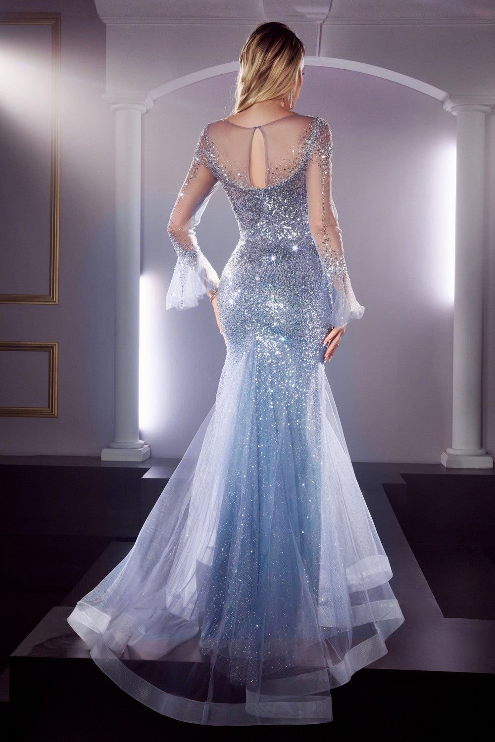 Long Bell Sleeve Embellished Gown By Cinderella Divine -CB122