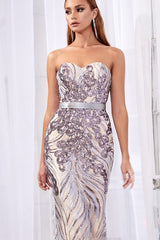 Strapless Fitted Dress With Sequin Print Details And Satin Belt By Cinderella Divine -CD0112
