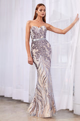 Strapless Fitted Dress With Sequin Print Details And Satin Belt By Cinderella Divine -CD0112