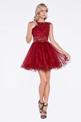 A-Line Short Dress With High Lace Neckline And Layered Skirt by Cinderella Divine -CD0117