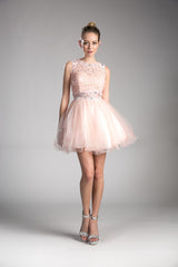 A-Line Short Dress With High Lace Neckline And Layered Skirt by Cinderella Divine -CD0117