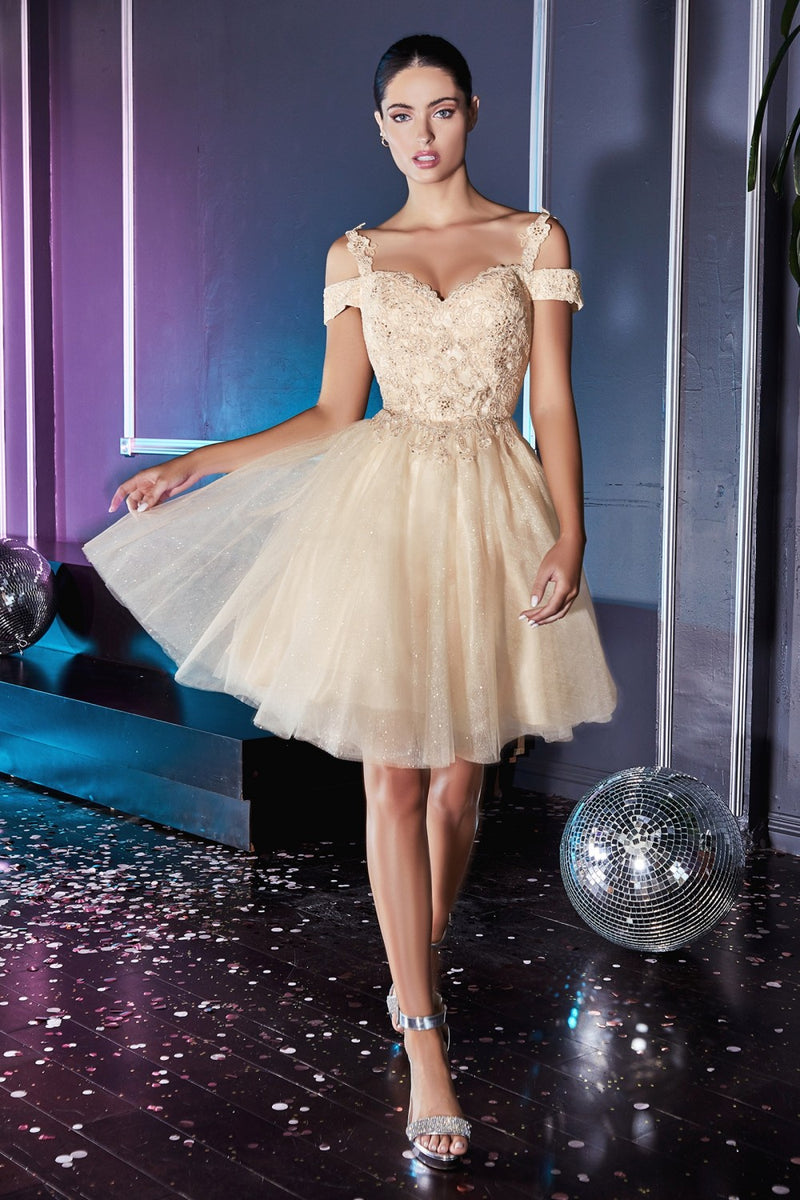 Short Cocktail Dress With Off The Shoulder Lace Detail And Glitter Tulle Skirt by Cinderella Divine -CD0132