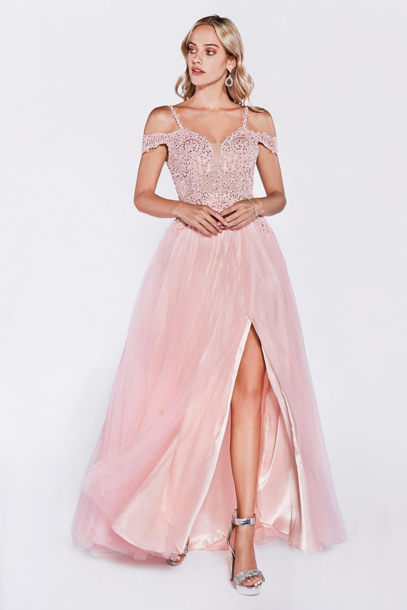 MyFashion.com - Off the shoulder tulle gown with leg slit and beaded bodice(CD0138) - Cinderella Divine promdress eveningdress fashion partydress weddingdress 
 gown homecoming promgown weddinggown 