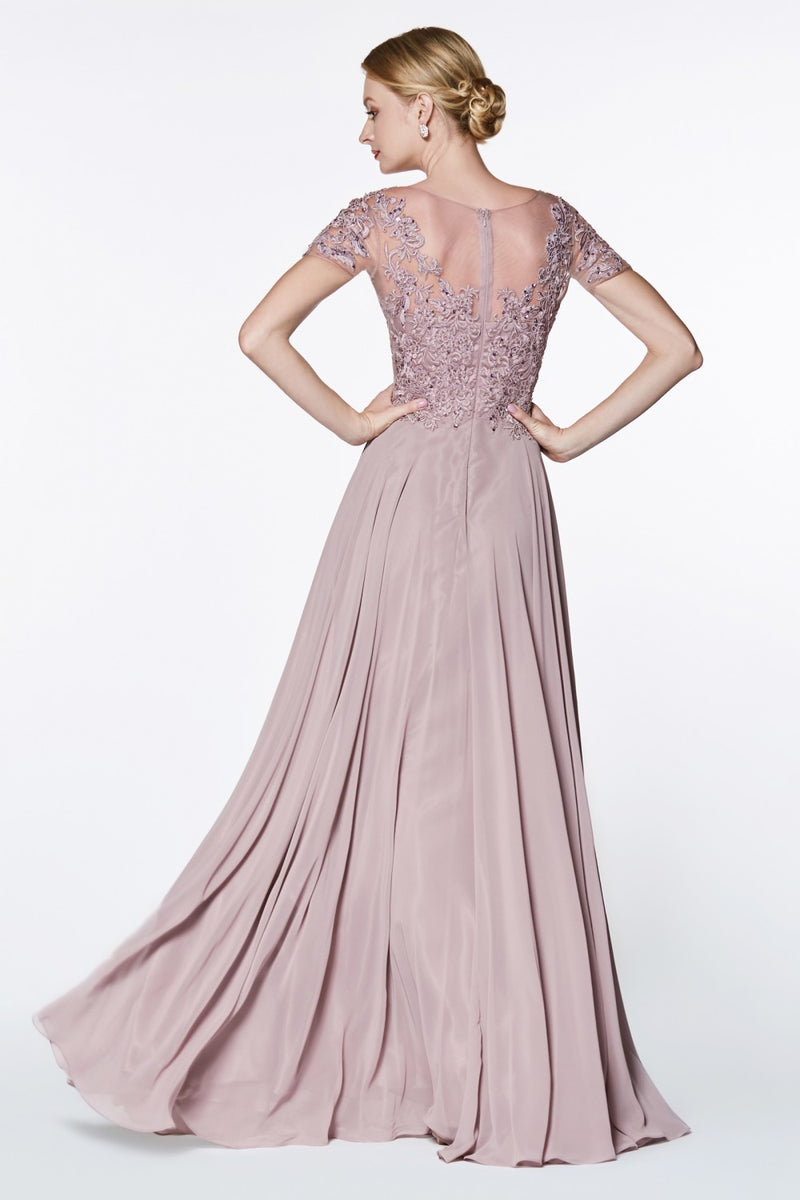 MyFashion.com - Cap sleeve chiffon gown with beaded lace detail and closed back.(CD0139) - Cinderella Divine promdress eveningdress fashion partydress weddingdress 
 gown homecoming promgown weddinggown 