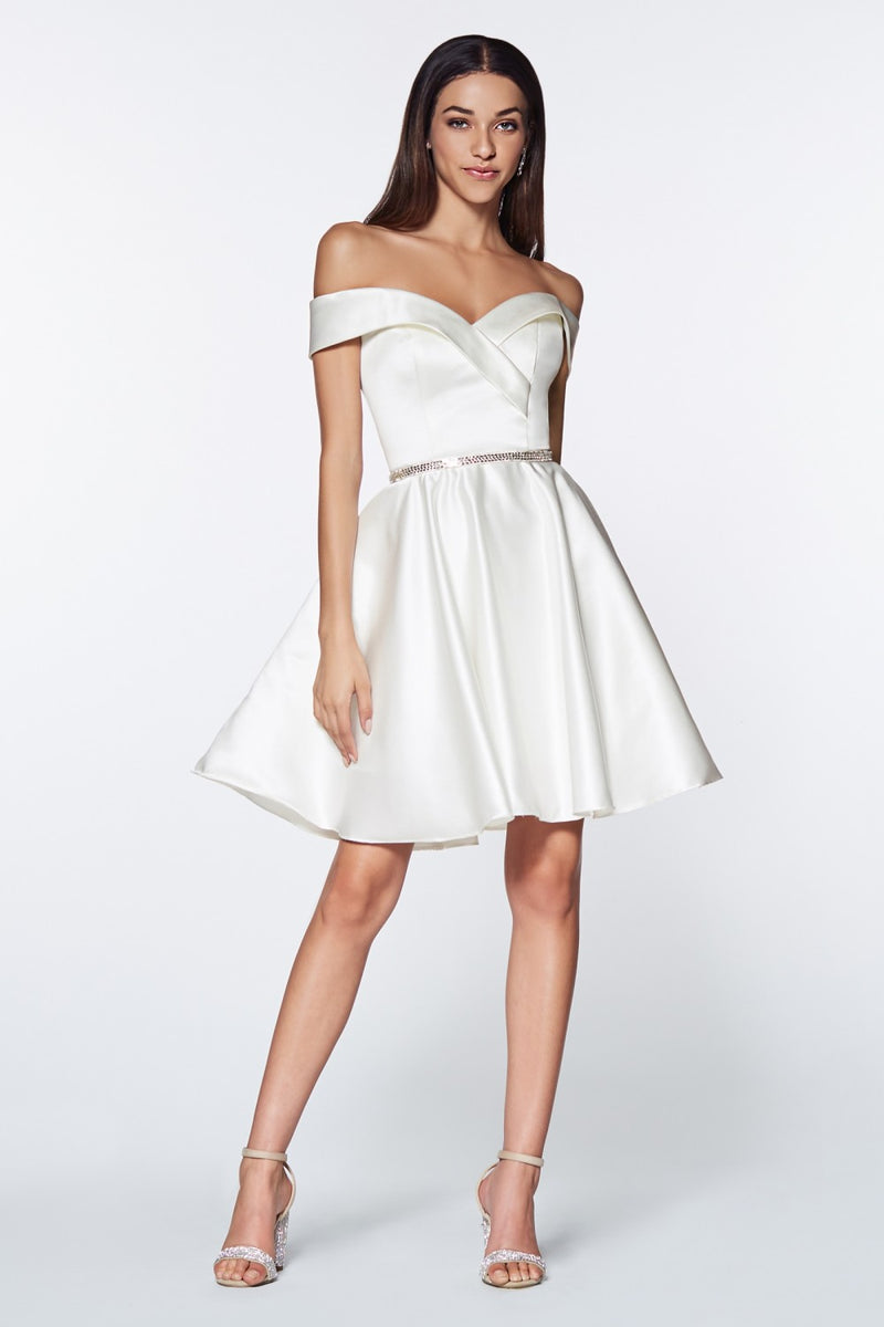 MyFashion.com - Off the shoulder short a-line gown with satin finish and beaded belt.(CD0140) - Cinderella Divine promdress eveningdress fashion partydress weddingdress 
 gown homecoming promgown weddinggown 