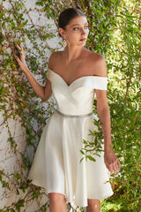 Off The Shoulder Short A-Line Dress With Satin Finish And Beaded Belt by Cinderella Divine -CD0140
