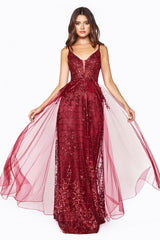 MyFashion.com - Fitted sheath gown wth glitter print details and tulle overskirt.(CD0147) - Cinderella Divine promdress eveningdress fashion partydress weddingdress 
 gown homecoming promgown weddinggown 