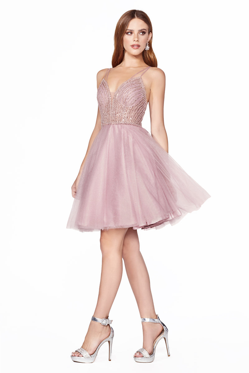 A-Line Short Dress With Embellished Bodice And Layered Tulle Glitter Skirt by Cinderella Divine -CD0148