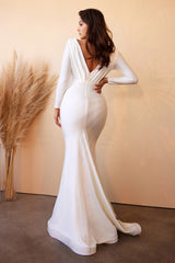 White Fitted Long Sleeve Gown By Cinderella Divine -CD0169