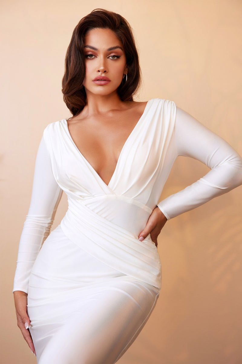 White Fitted Long Sleeve Gown By Cinderella Divine -CD0169