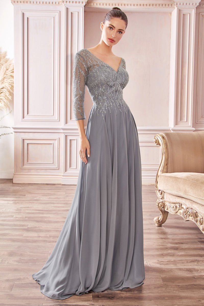 Flowy Chiffon A-Line Gown With Three-Quarter Sleeves And Trickle Embellished Bodice By Cinderella Divine -CD0171