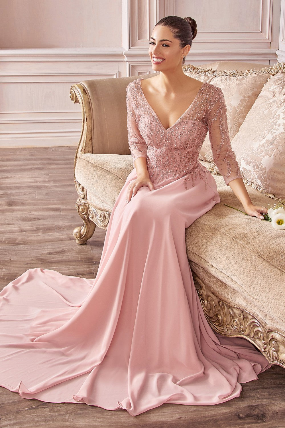 Flowy Chiffon A-Line Gown With Three-Quarter Sleeves And Trickle Embellished Bodice By Cinderella Divine -CD0171