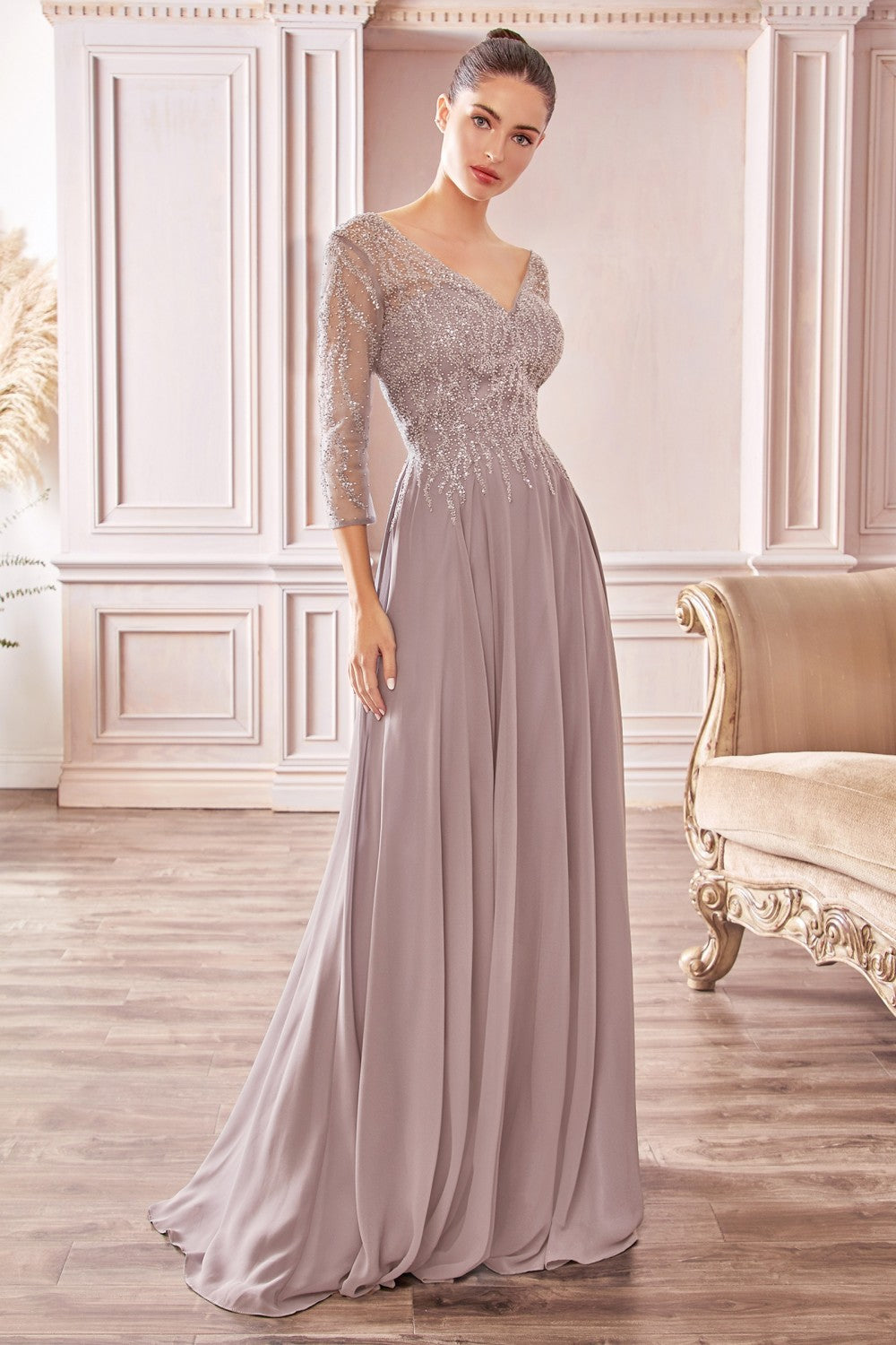 Flowy Chiffon A-Line Gown With Three-Quarter Sleeves And Trickle Embellished Bodice By Cinderella Divine -CD0171