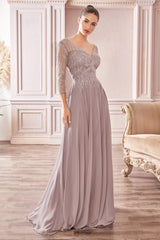 Flowy Chiffon A-Line Gown With Three-Quarter Sleeves And Trickle Embellished Bodice By Cinderella Divine -CD0171