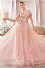 A-Line Off The Shoulder Layered Tulle Gown With Floral Beaded Bodice By Cinderella Divine -CD0172
