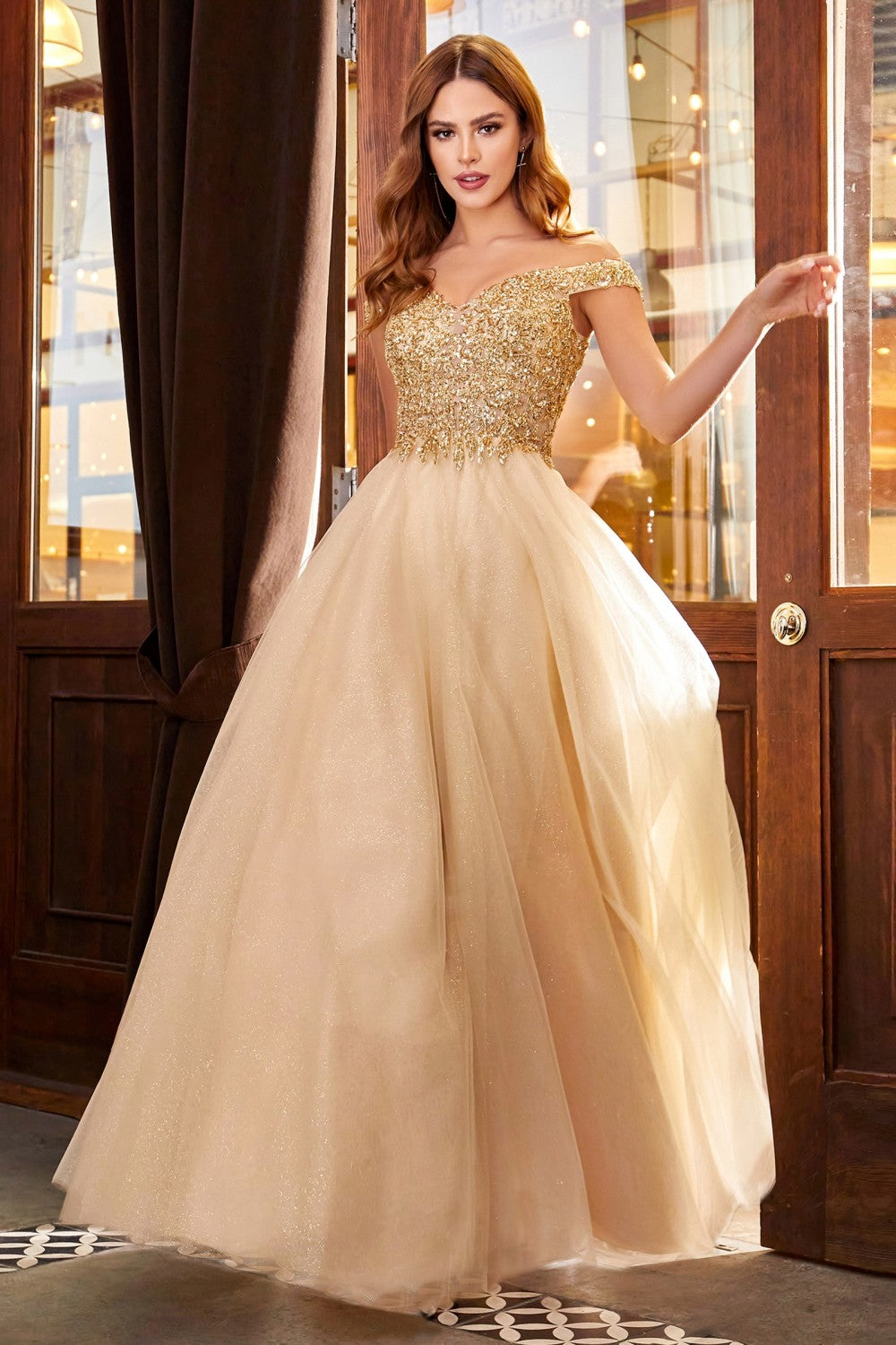 Off Shoulder Tulle Gown By Cinderella Divine -CD0177