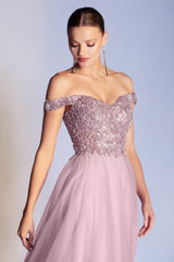 Off Shoulder Tulle Gown By Cinderella Divine -CD0177