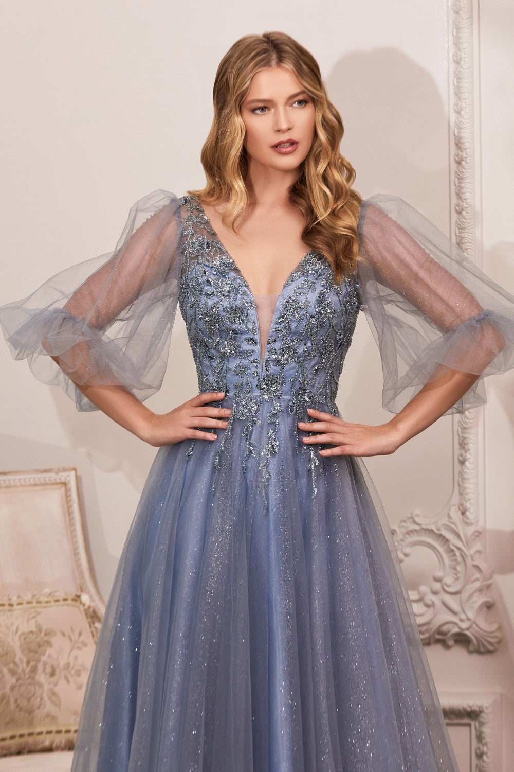 Puff Sleeve Glitter Tulle Gown By Cinderella Divine -CD0182