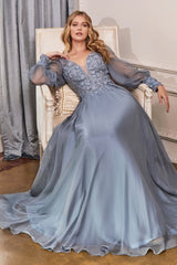 Long Sleeve Chiffon Gown By Cinderella Divine -CD0183