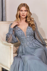 Long Sleeve Chiffon Gown By Cinderella Divine -CD0183