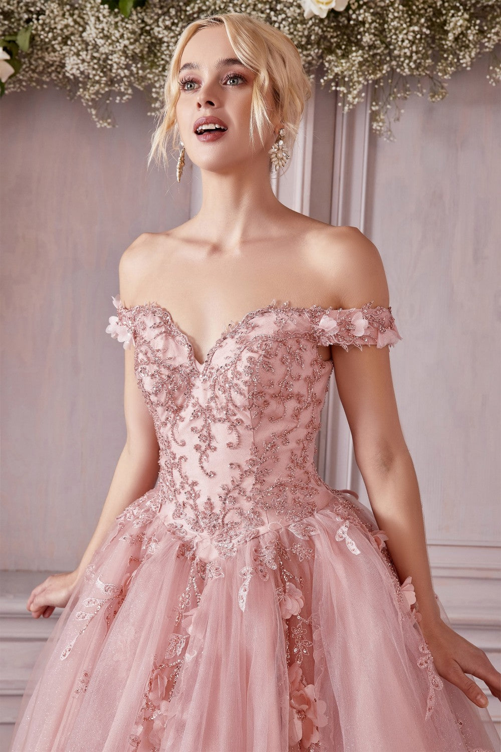 Off The Shoulder Layered Tulle Ball Gown By Cinderella Divine -CD0185